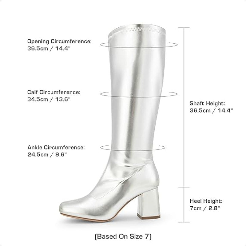 Dream Pairs Womens Size 6 Shiny Silver 3" Block Heel Zip Up Knee High Gogo Boots