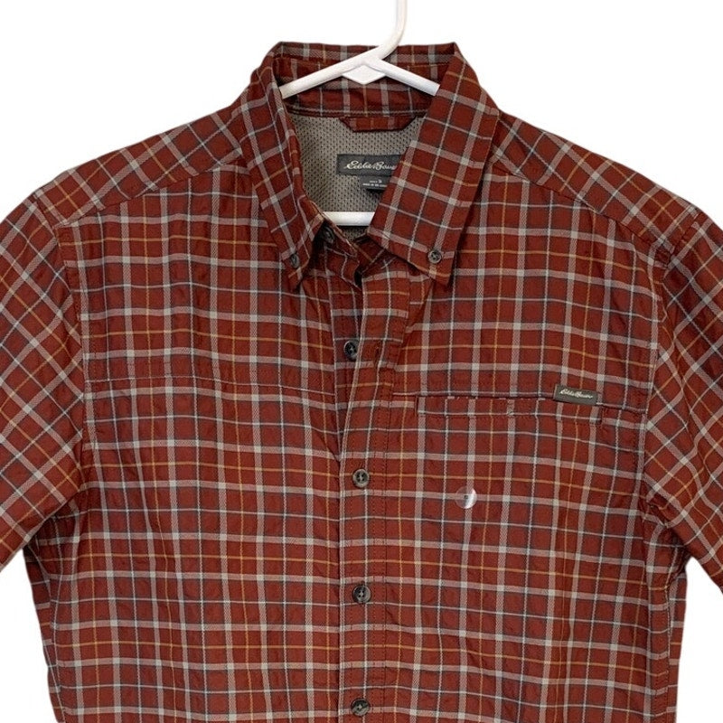 New Eddie Bauer Mens Small Short Sleeve Rainier Russet Plaid Button Up Shirt