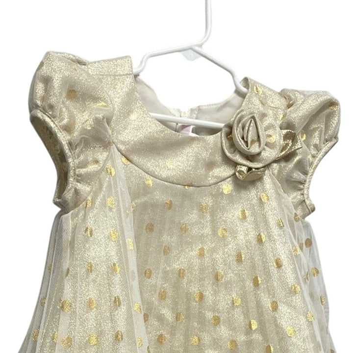 Jessica Ann Girls Size 4 Sleeveless Gold Metallic Polka Dot Pleated Formal Dress