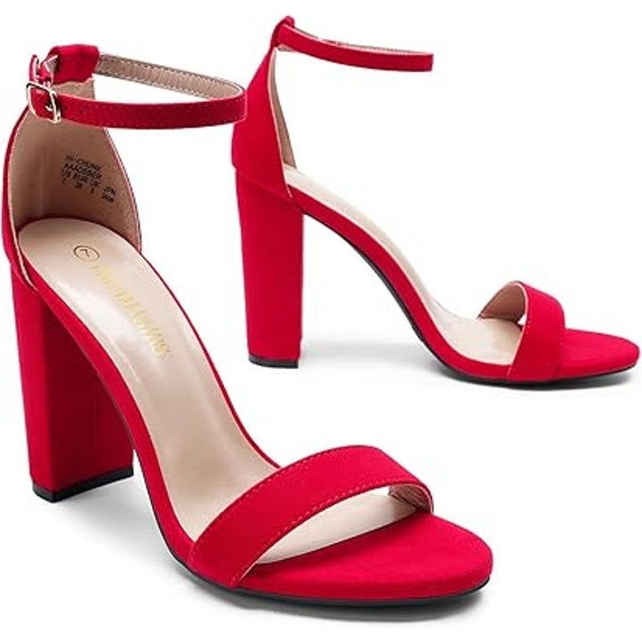 Dream Pairs Womens Size 7.5 Red Faux Suede Ankle Strap 4" Chunky Heel Shoes
