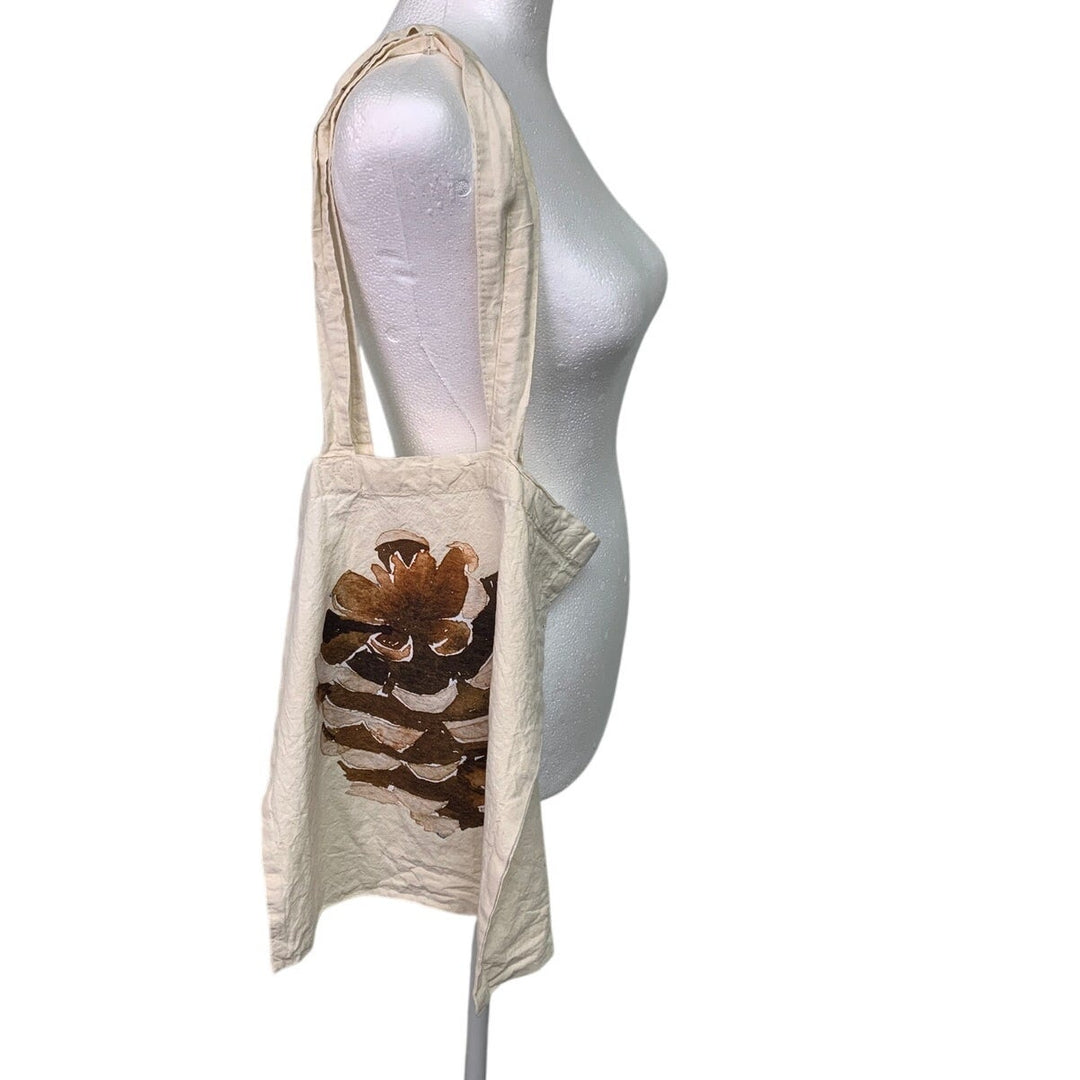 Upcycled Hand Printed Rustic Pinecone 100% Cotton Natural Off White Tote Bag
