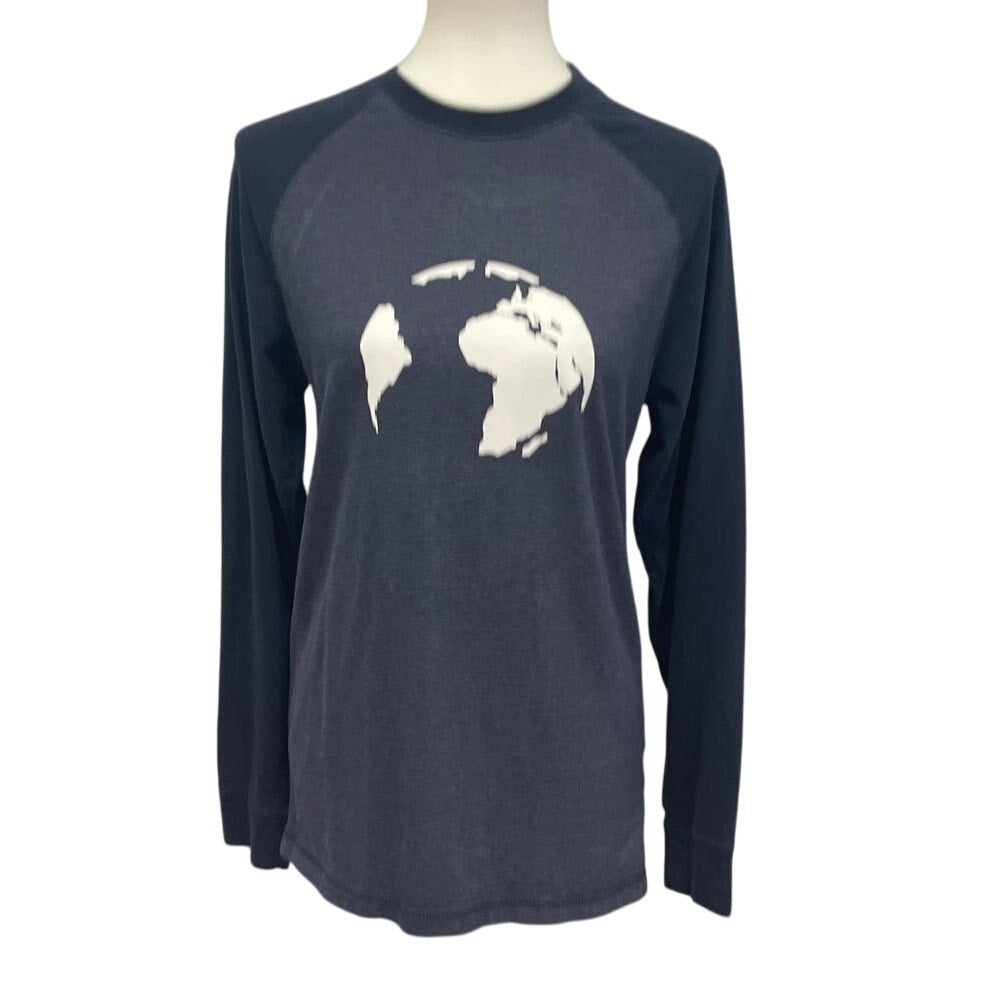 Hand Printed Upcycled Mens Small Planet Earth Long Sleeve Crew Tee Shirt