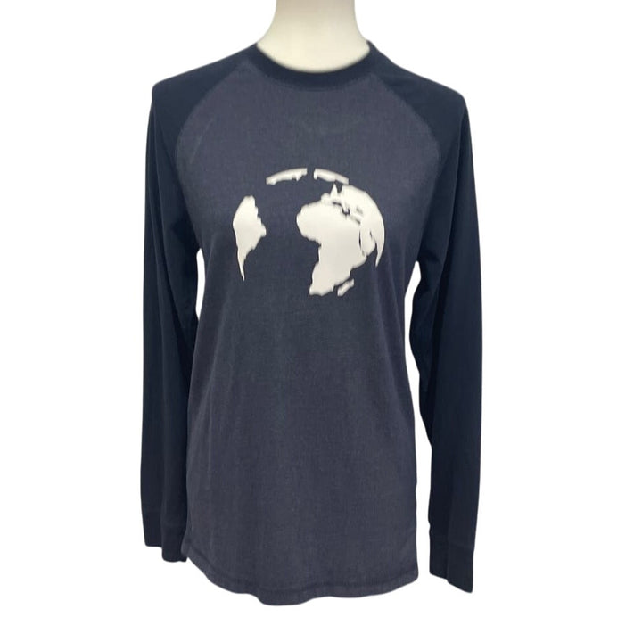 Hand Printed Upcycled Mens Small Planet Earth Long Sleeve Crew Tee Shirt