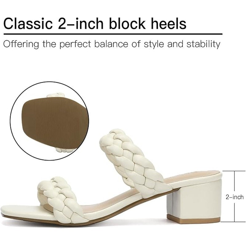 Dobolin Womens 7.5 White Braided Strap Short Chunky Heels Slip on Wedding Shoes