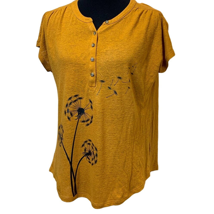 Hand Printed Upcycled Medium Dandelion Make a Wish V-Neck Short Sleeve Tee