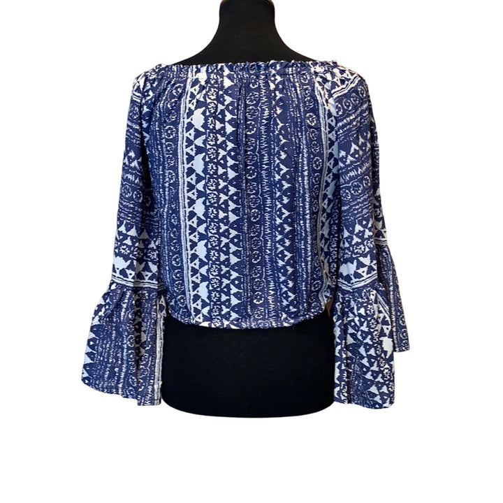 Elan Medium Boho Tribal Bell Sleeve Off Shoulder Polyester Crop Top Blouse