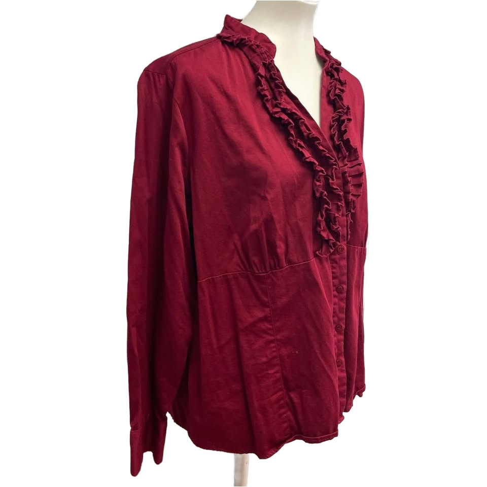 Apt 9 Womens Plus Size 1X Long Sleeve Ruffled Front Cotton Blend Career Blouse