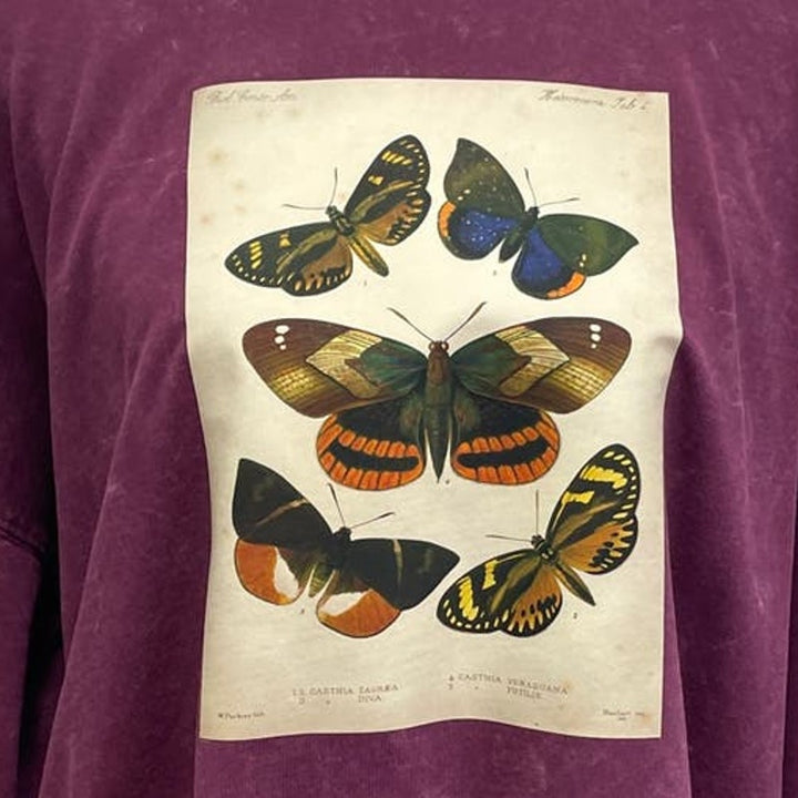 Hand Printed Upcycled Womens XL Vintage Reference Book Butterfly Page Sweatshirt