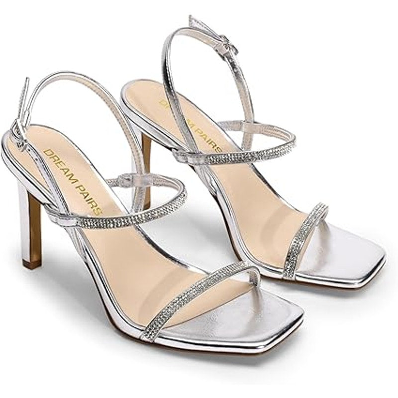 Dream Pairs Womens Size 9.5 Silver Rhinestone Open Toe Ankle Strap 4.25" Heels