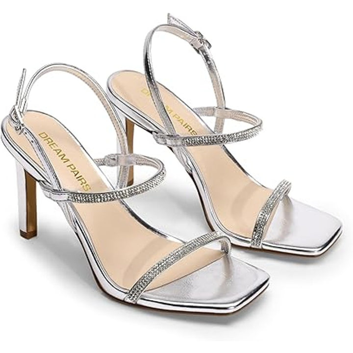 Dream Pairs Womens Size 9.5 Silver Rhinestone Open Toe Ankle Strap 4.25" Heels