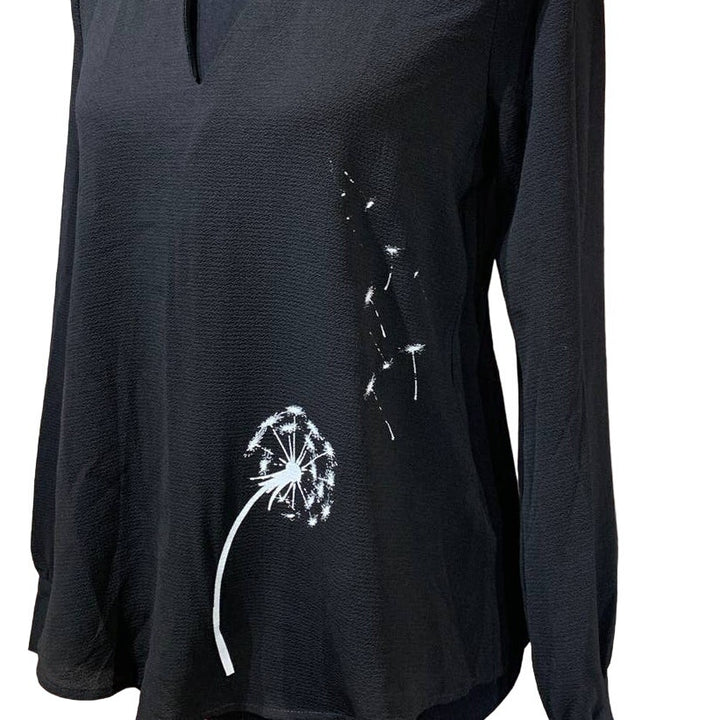 Hand Printed Upcycled Small Dandelion Wish Long Sleeve Cut Out Deep VNeck Blouse