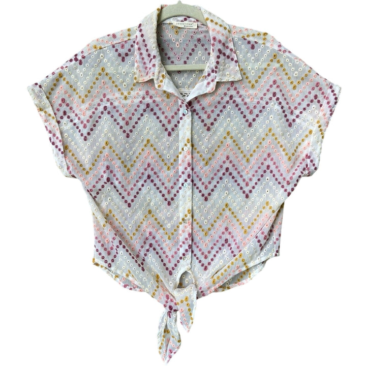New Lovestitch Womens Medium Zigzag Sheer Embroidered Eyelet Front Tie Blouse