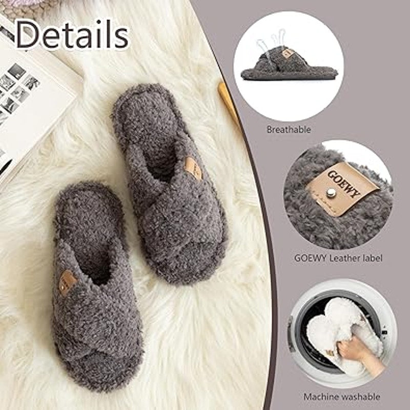 Goewy Womens Size 7-8 Gray Open Toe Fuzzy Memory Foam Slide On Slipper Shoes