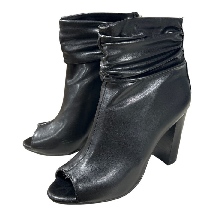 FSJ Womens Size 8 Black 4" Chunky Heel Ankle Boots Round Peep Toe Back Zip Shoes