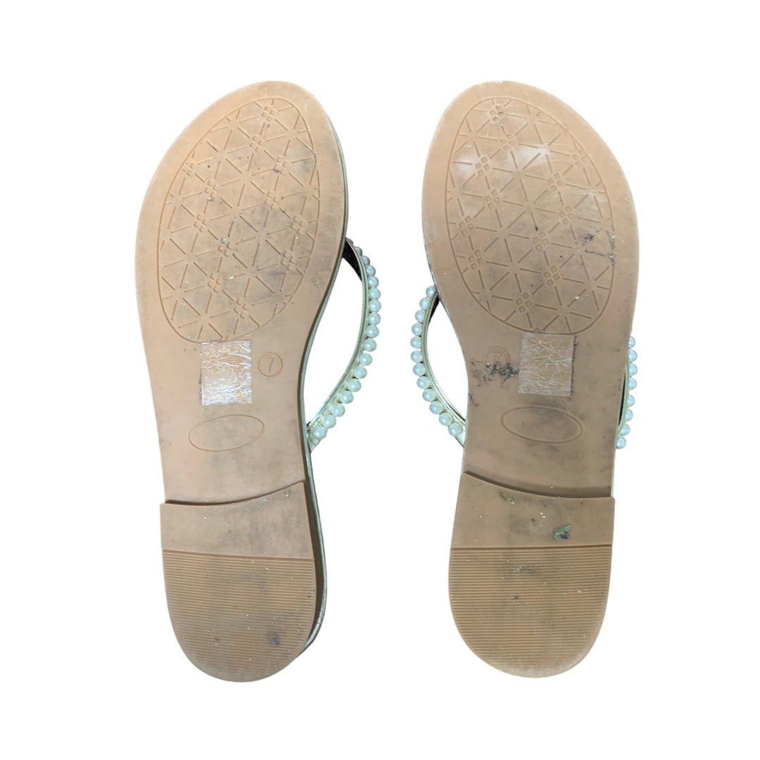 LM Womens Size 7 Shiny Gold Pearl Slide On Dressy Flip Flop Flats Thongs Sandals