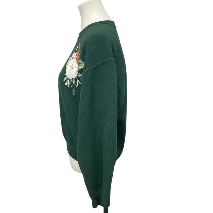 Hand Printed Upcycled Womens Small Christmas Rose Floral Pine Cone Sweatshirt