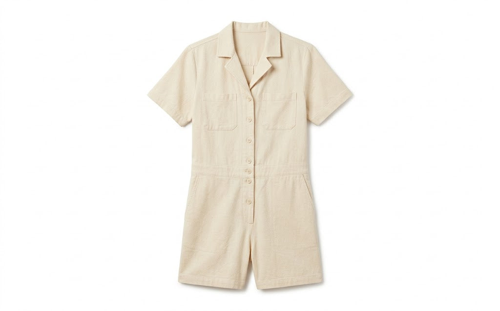 New Eddie Bauer Womens Ecru Cream Hemplify Button Front Collared Utility Romper