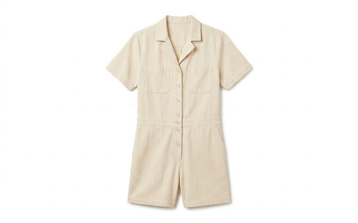 New Eddie Bauer Womens Ecru Cream Hemplify Button Front Collared Utility Romper