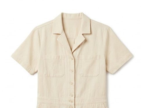 New Eddie Bauer Womens Ecru Cream Hemplify Button Front Collared Utility Romper