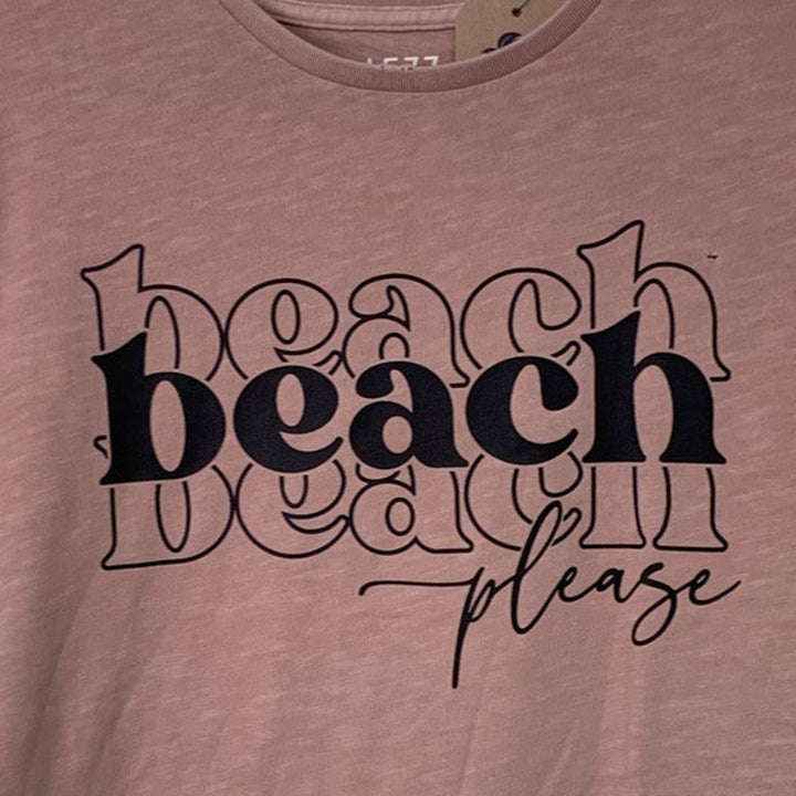 New Upcycled Hand Printed Womens Medium Beach Beach Please Crew Neck Tee