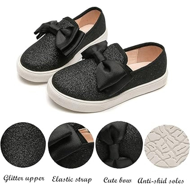 Dadawen Big Girls Size 13 Black Glitter Bow Slip On Anti Skid Loafer Shoes