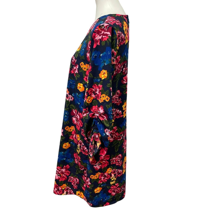 Halogen Womens Small Long Ruched Sleeve Polyester Floral Midi Shift Dress
