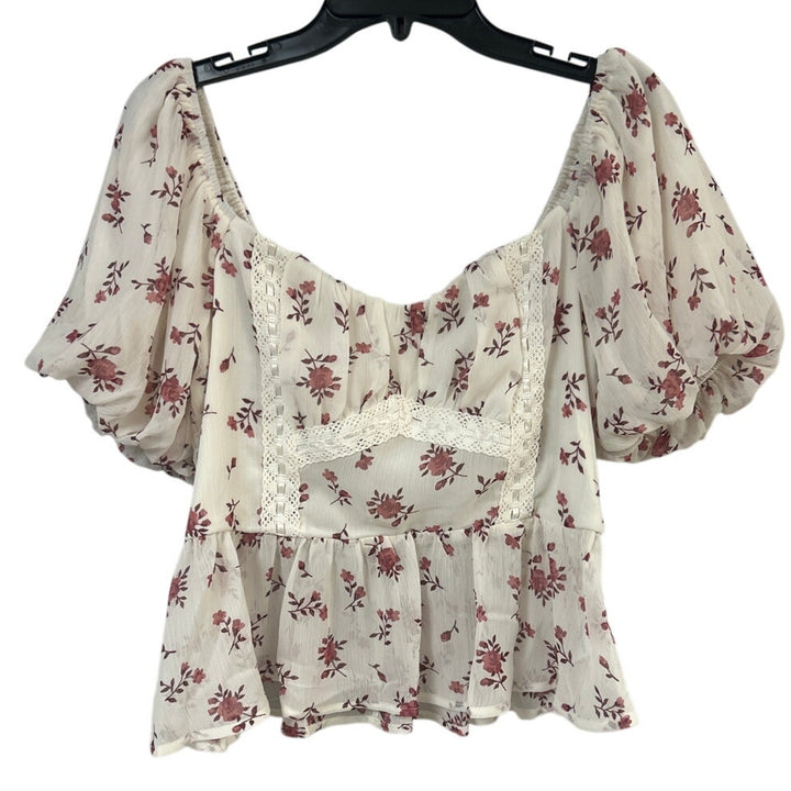 New Francescas Womens Small Cream Pink Floral Boho Blouson Cottage Smocked Top
