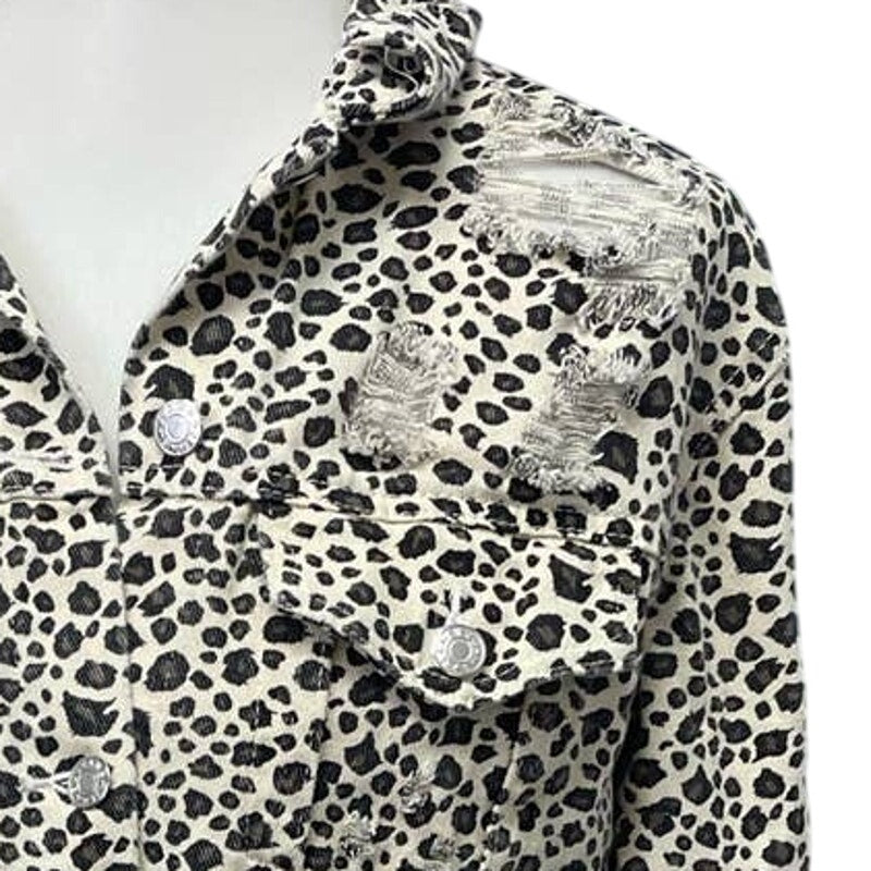 Carole Christian Small Distressed Button Up Leopard Print Cotton Denim Long Coat