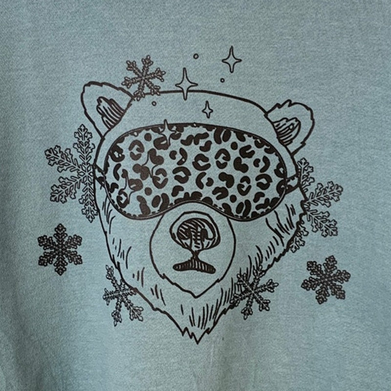 Upcycled Hand Printed Womens Large Blue Winter Polar Bear Cropped Sweatshirt
