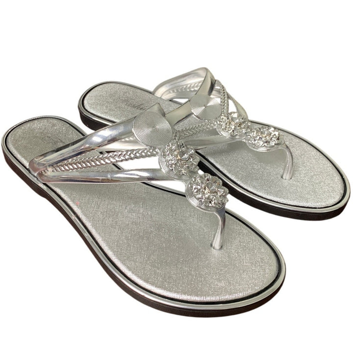 Fashion Womens 7.5 Silver Rhinestone Thong Flat Flip Flop Slip On Sandal Shoes