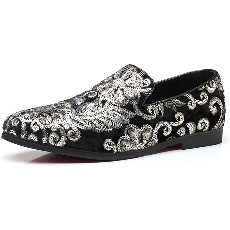 Venshine Mens Size 9.5 Black Velvet Silver Sequin Slide On Formal Loafer Shoes