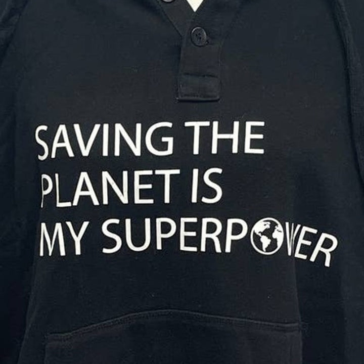 Hand Printed Upcycled Mens XL Saving the Planet is My Superpower Pullover Hoodie