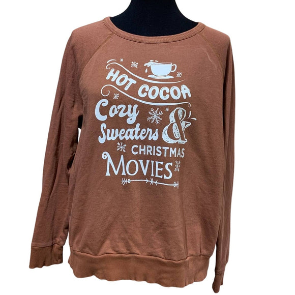 Upcycled Hand Printed Womens Large Christmas Movies Hot Cocoa Cozy Sweatshirt