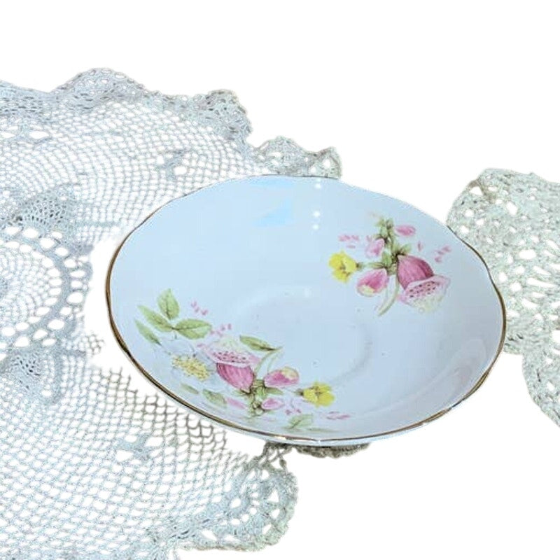 Vintage Royal Stuart Fine Bone China From England Floral Saucer w 2 Lace Doilies