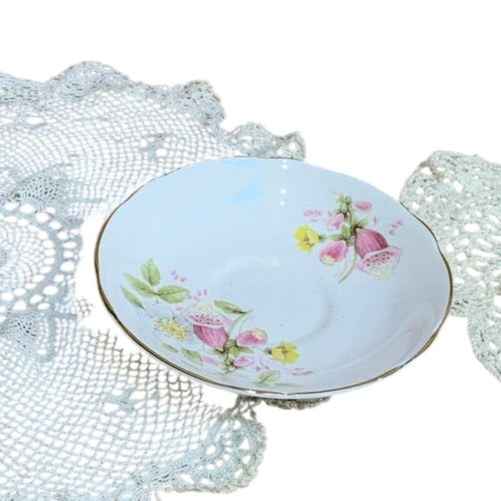 Vintage Royal Stuart Fine Bone China From England Floral Saucer w 2 Lace Doilies