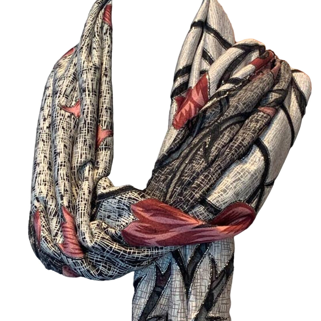 New Silver Glitter Red Rose Floral Fringed Sheer Long Formal Event Fashion Scarf