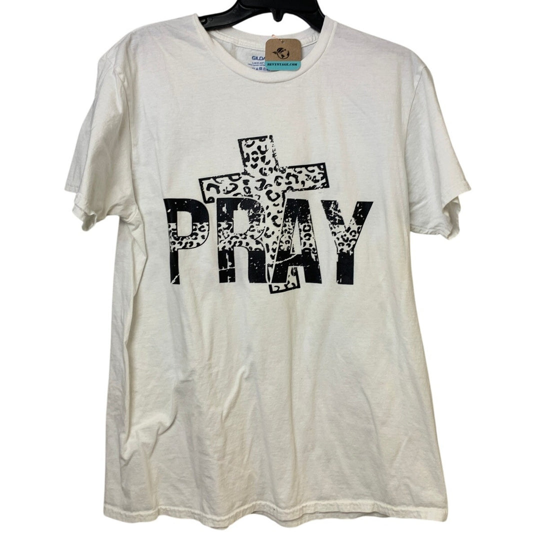 New Hand Printed Womens Large Pray Jesus Crucifix White Crew Neck Tee Shirt