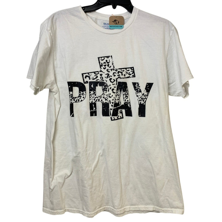New Hand Printed Womens Large Pray Jesus Crucifix White Crew Neck Tee Shirt