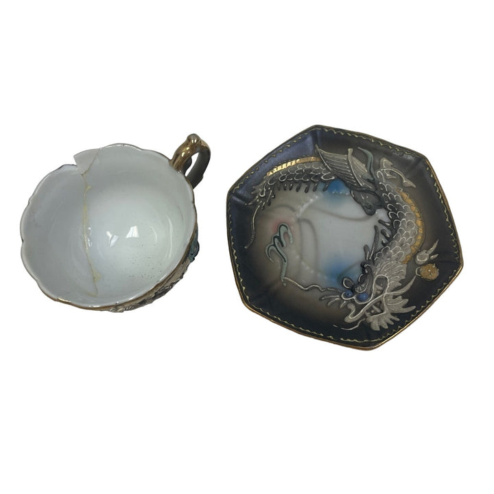 Vintage Soka China Chipped Collectable Dragon Mini Small Teacup w Saucer