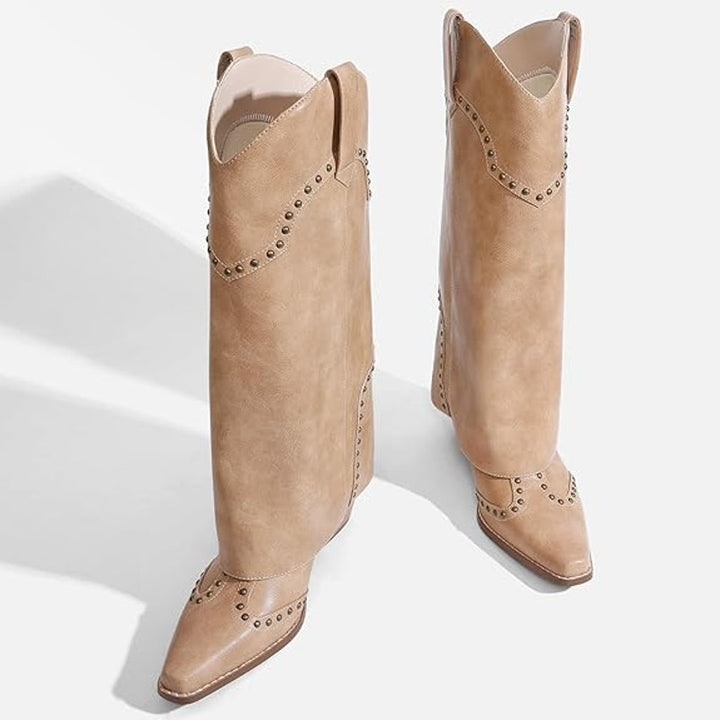 Ronilurn Womens Size 11 Tan Faux Shark Fold Over Mid Calf 3" Chunky Heel Boots