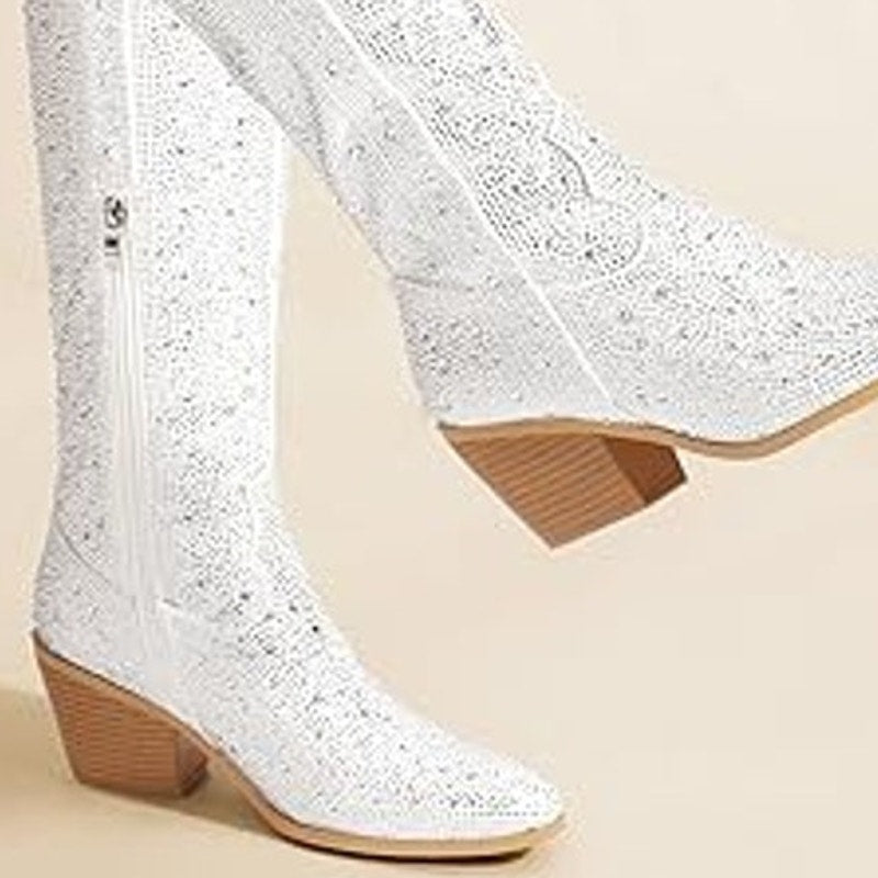 Idifu Womens Size 9 White Silver Rhinestone 3" Block Heel Cowboy Western Boots