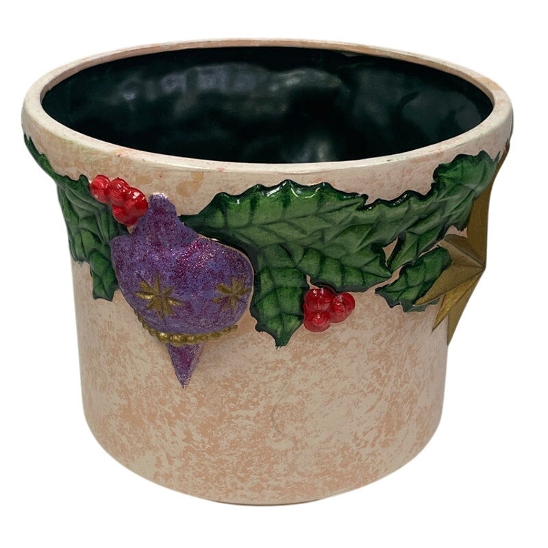 Vintage 2000 Hand Painted Christmas Ornament Holly Star Ceramic Plant Pot
