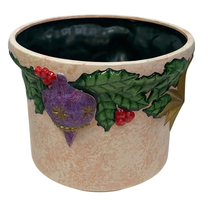 Vintage 2000 Hand Painted Christmas Ornament Holly Star Ceramic Plant Pot