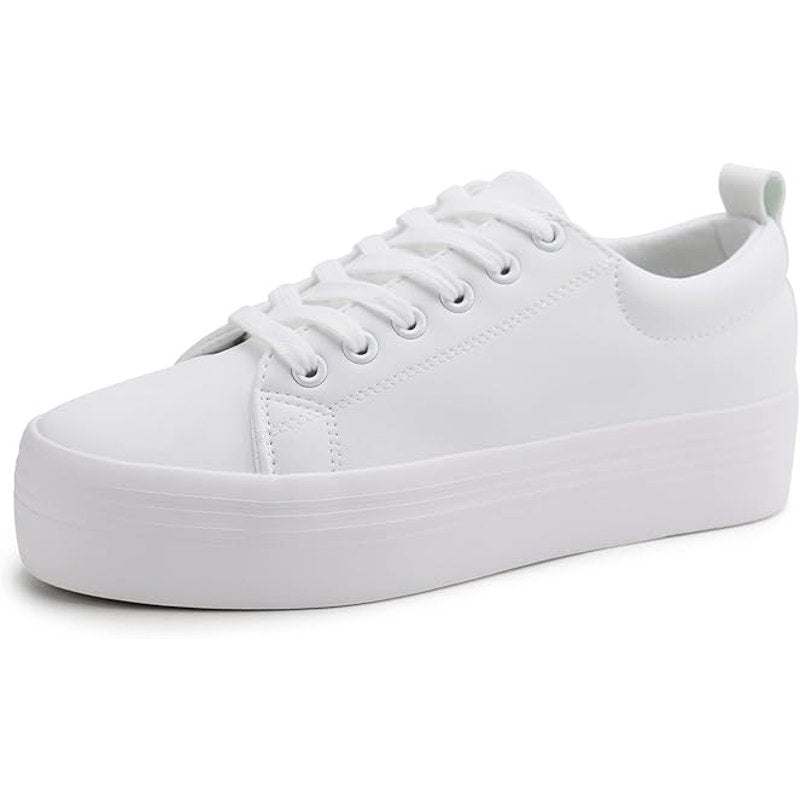 New Jabasic Womens Size 8 White Faux Leather Lace Up Platform Sneaker Shoes