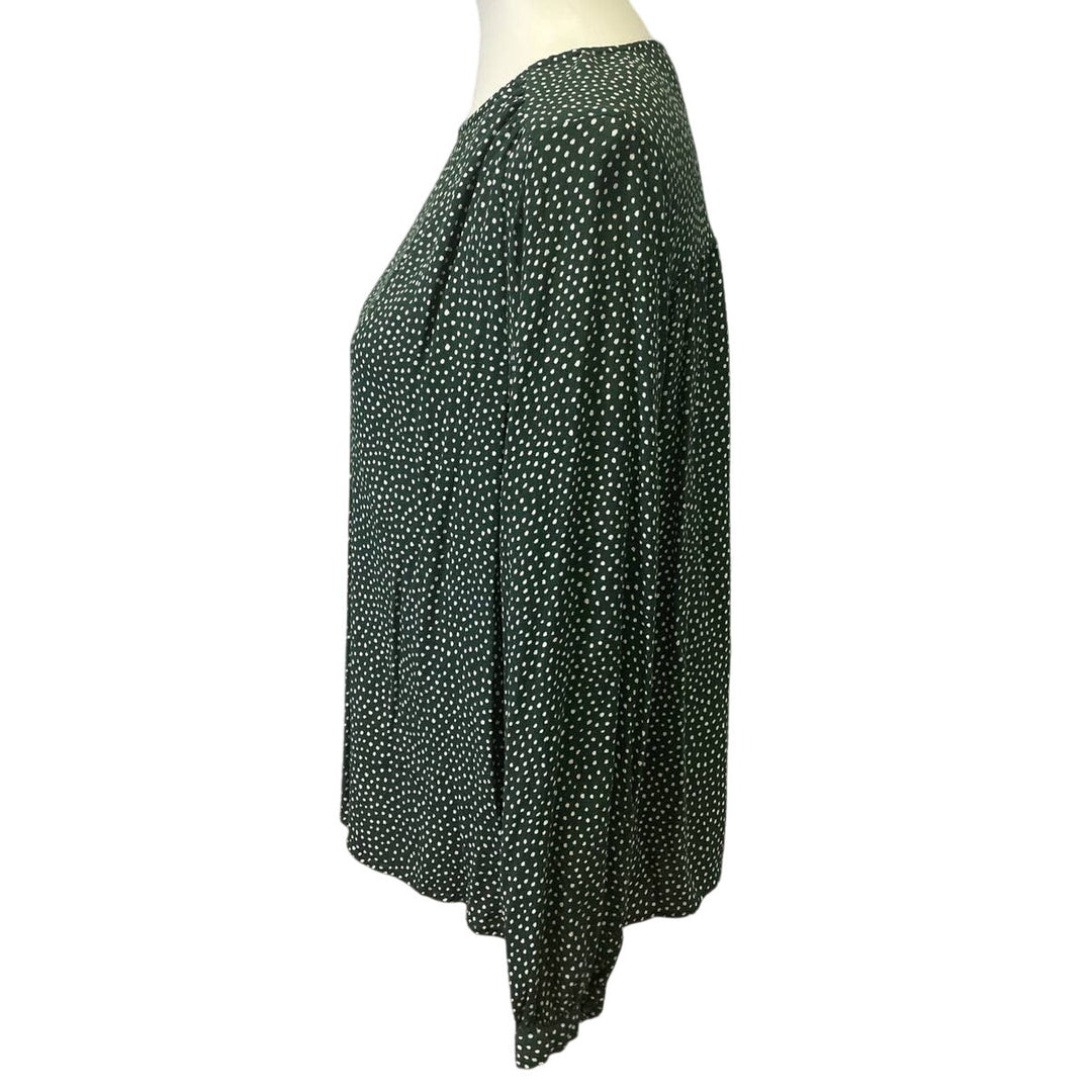 H&amp;M Womens Size 12 100% Viscose Long Sleeve Forest Green Polka Dot Blouse Top
