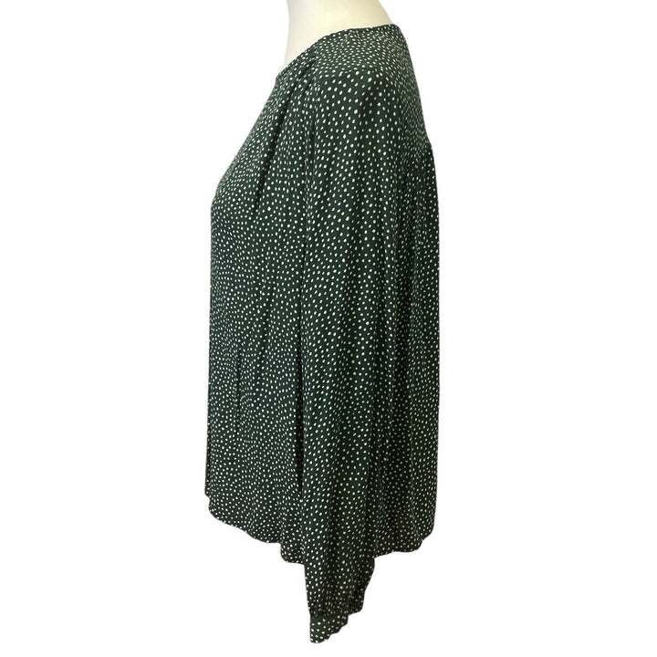 H&amp;M Womens Size 12 100% Viscose Long Sleeve Forest Green Polka Dot Blouse Top