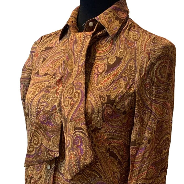 Jones New York Signature Petite 100% Silk Long Sleeve Paisley Button Up Blouse