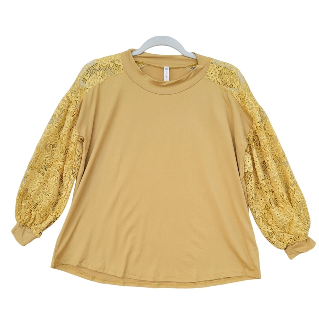 NWT New Mitto Shop Womens Medium PolyRayon Mustard Yellow Puff Sleeve Knit Top