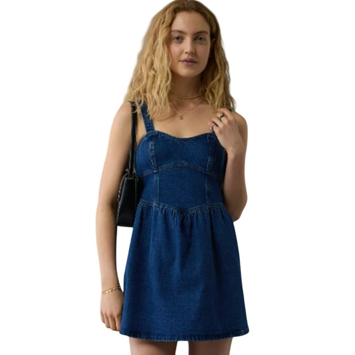 New American Eagle Womens Medium Smocked Back Sweetheart Denim Mini Dress