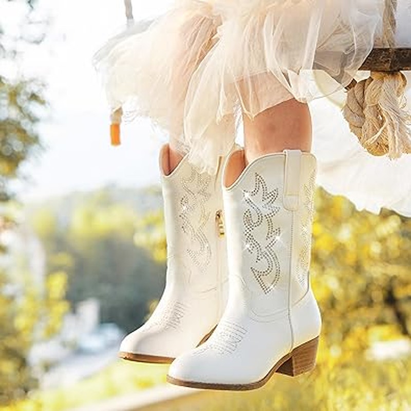 Laurmosa GIrls Size 6 White Faux Leather Silver Sparkle 1.5" Heel Cowboy Boots